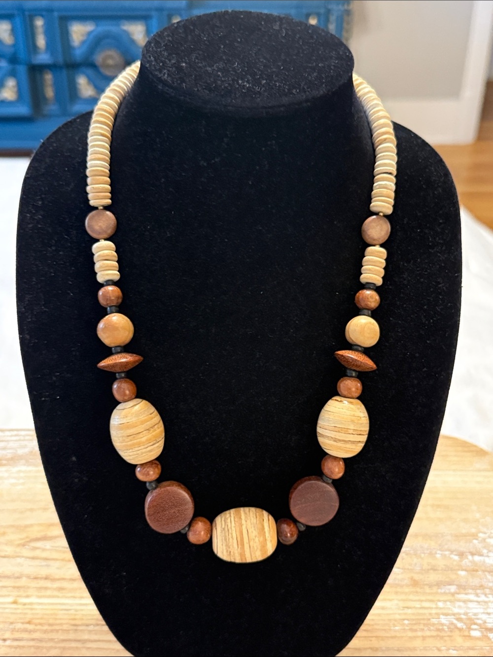 Vintage Boho Brown Tan Chunky Beaded Long Statement Necklace